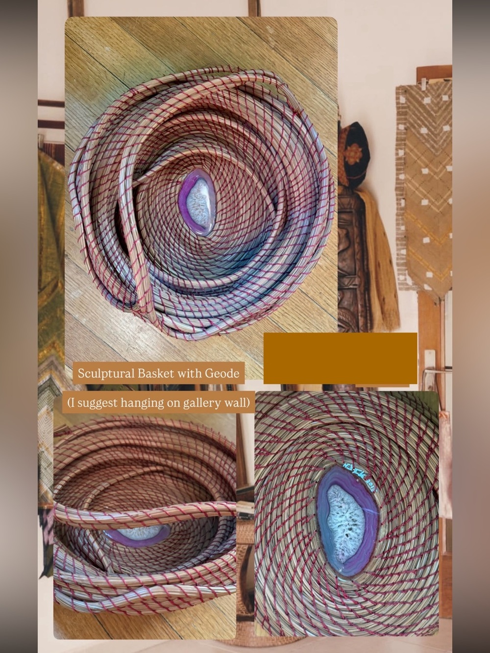Sculptural Woven Basket with Colorful Agate Crystal in the center